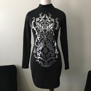Black Long Sleeve Dress w/ Silver Foil Print